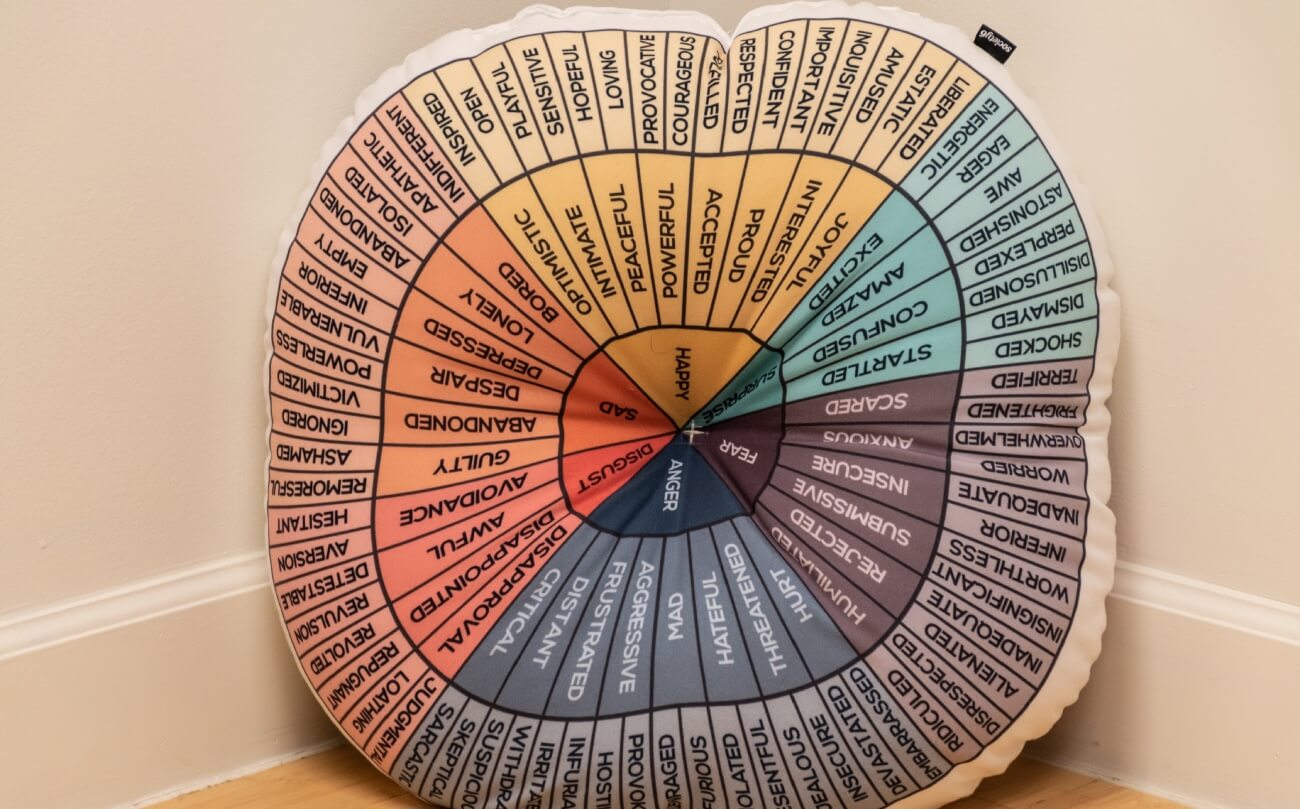 A pillow with a pie graph of the color wheel of emotions in the clinic at K Therapy SLC.