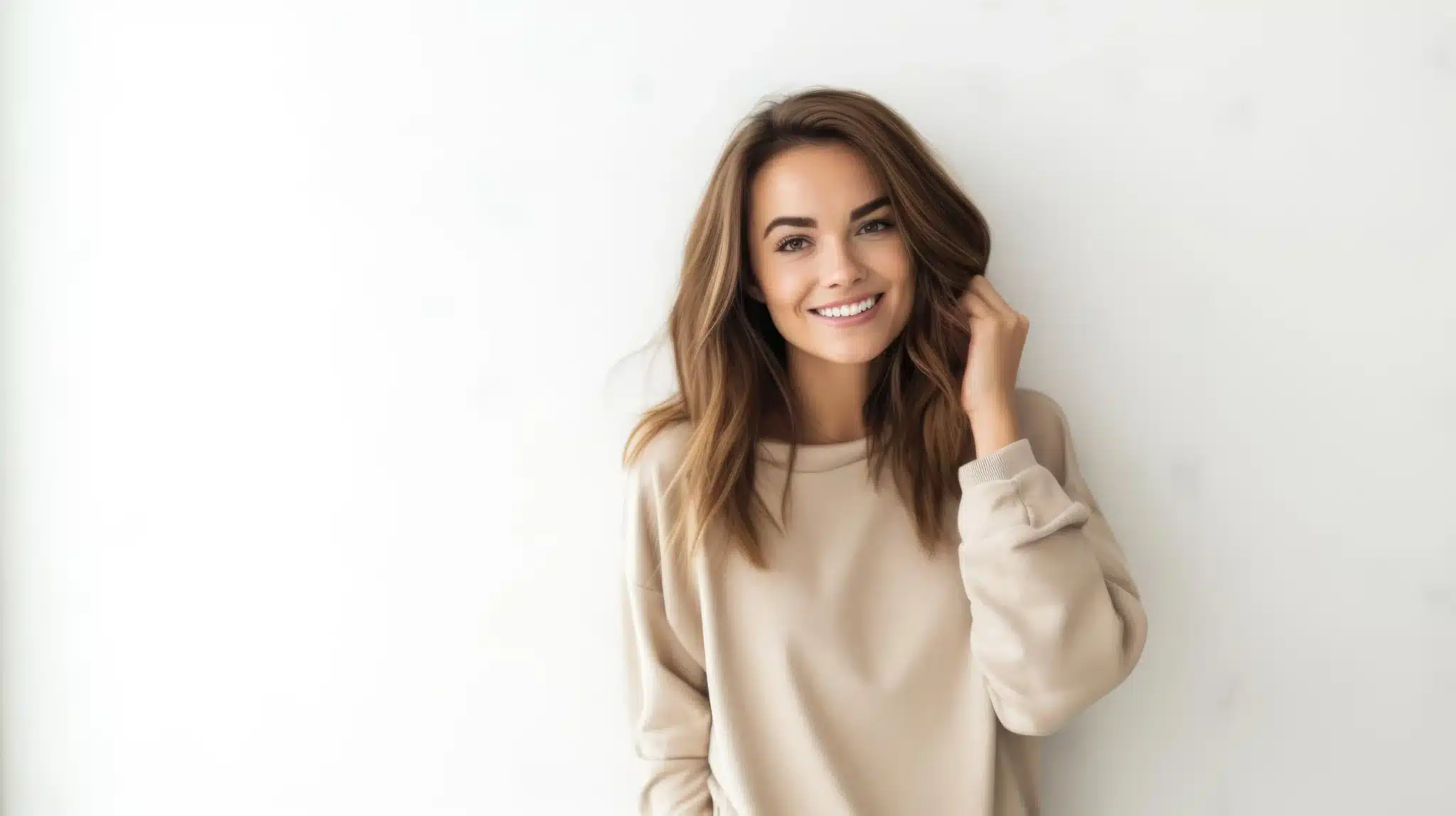 A smiling woman standing against a clean wall smiling because she tried ketamine for PMDD.