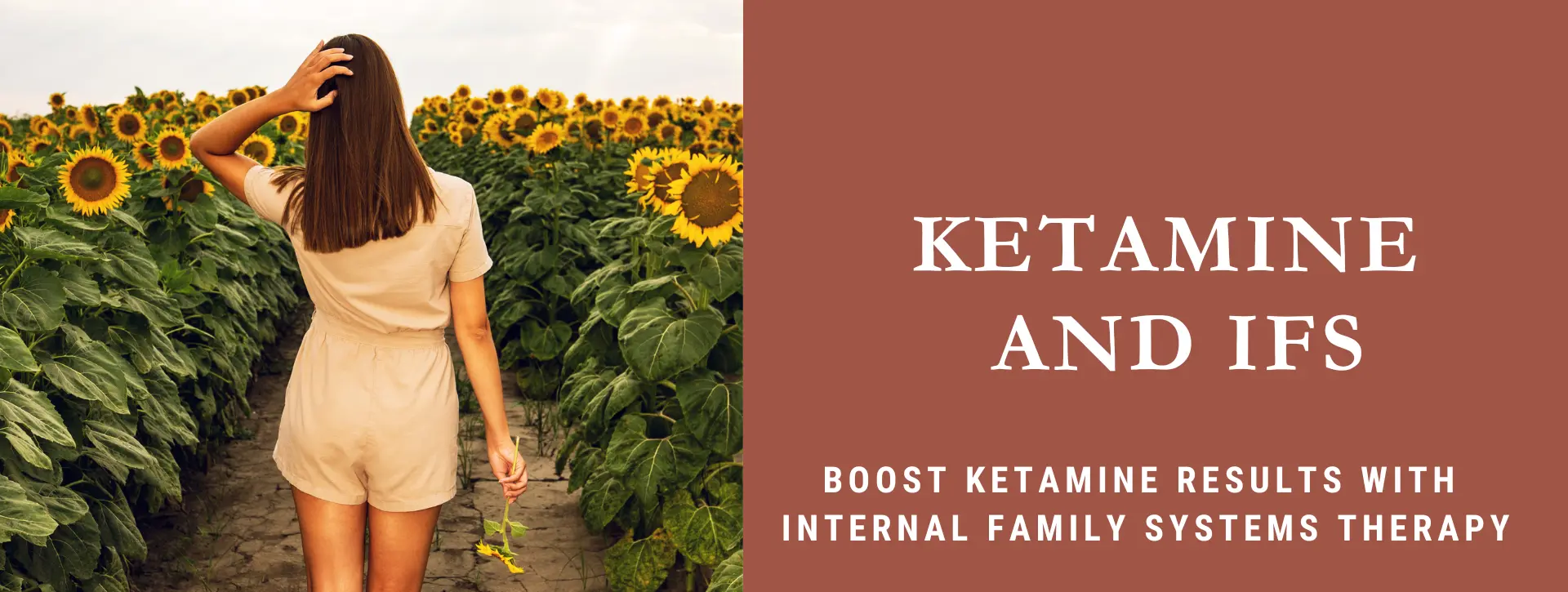 A woman walks through a sunflower field. She feels peaceful after learning about ketamine and IFS therapy and how they work together.